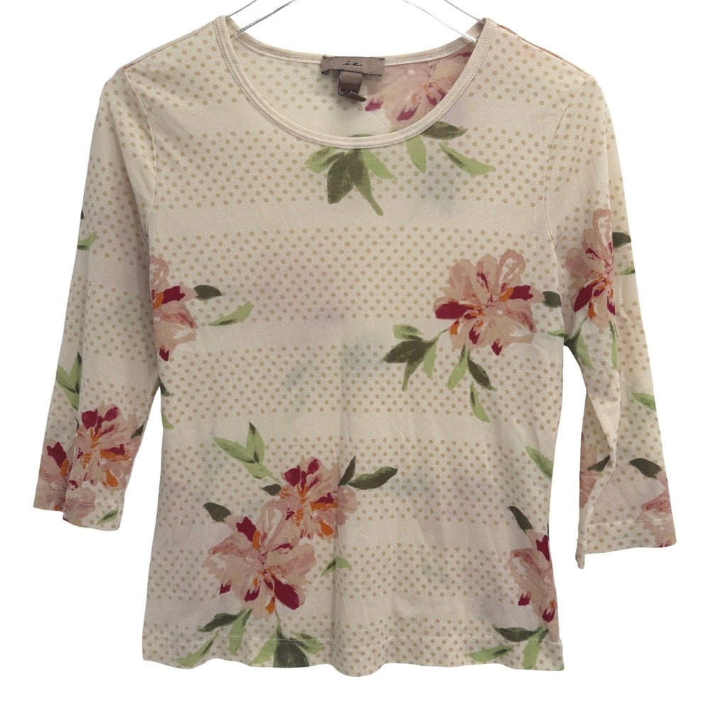 Y2K Vintage Floral Polka Dot Mesh Top Size S Sheer 3/4 Sleeve Tan Pink Soft Girl
